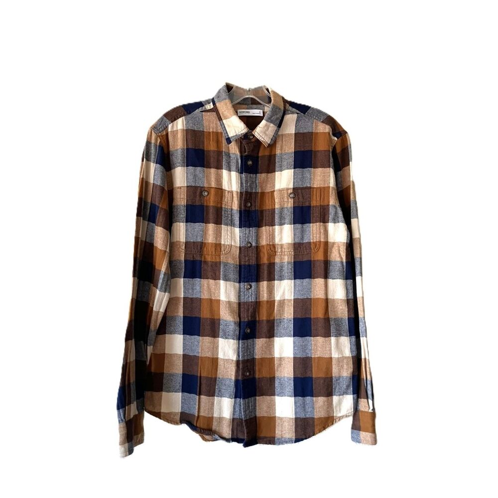 Sonoma Menโs Plaid Flannel Button Down Shirt Brown Blue Small